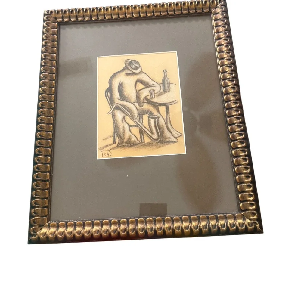 Alex Pikas Cubist Style Signed Original Drawing Framed Cafe Figure Art UV Glass